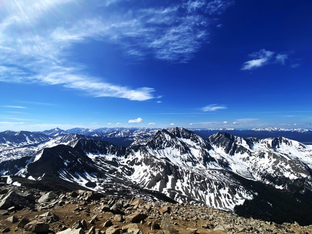 The summit of Huron Peak, a 14er in the Collegiate rage of Colorado in early June