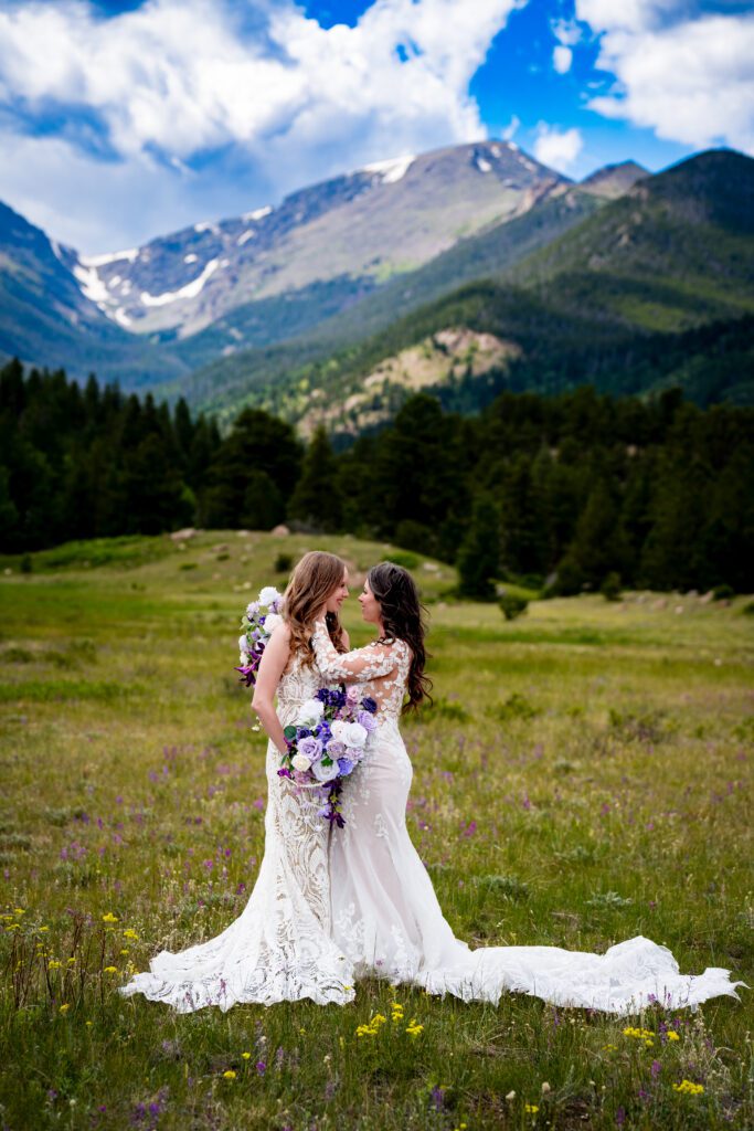 Intimate Colorado wildflower elopement couple portrait in mountain meadow near Estes Park