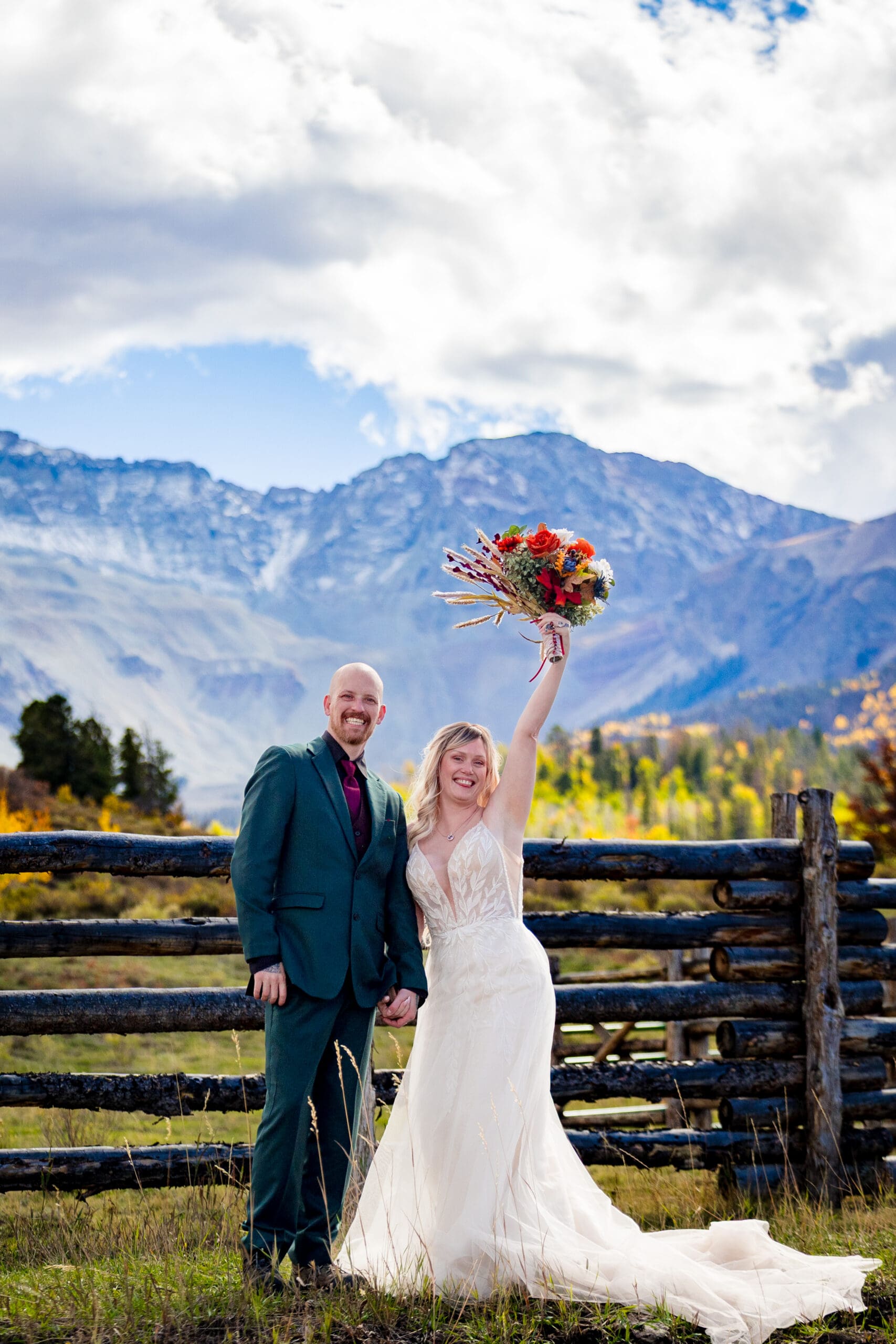 A bride and groom celebrating their wedding day near Telluride Colorado