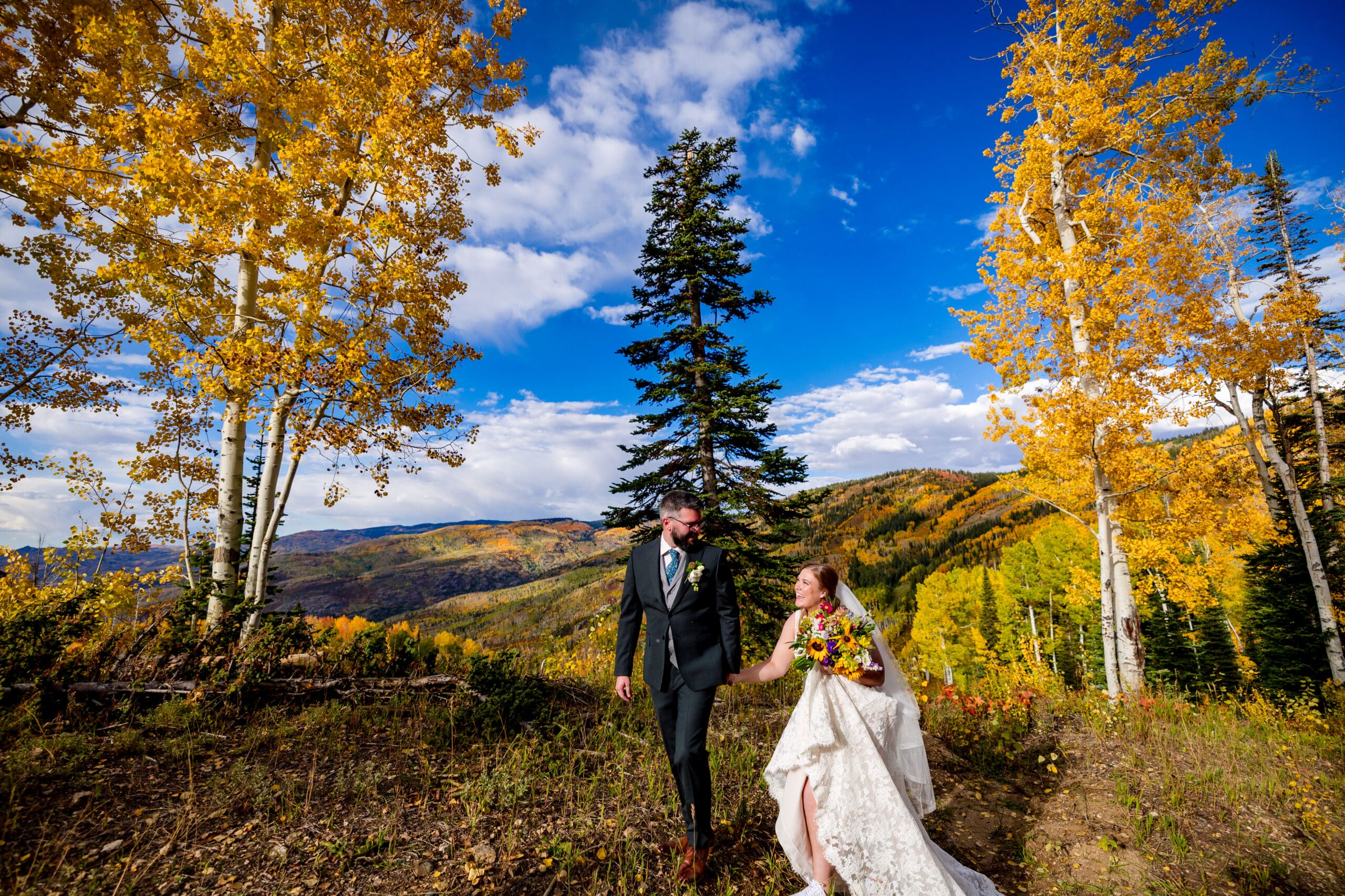 Bride and groom portraits in Steamboat Springs during fall wedding
